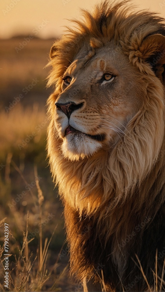 Close up view of a majestic male lion bathed in the warm glow of a setting sun in the vast African savanna Close up view of a majestic male lion bathed in the warm glow of a setting sun in the vast African savanna