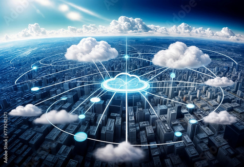 cloud computing and digital data transfer with computing networked across cities country and globe with virtualization approach created with generative ai