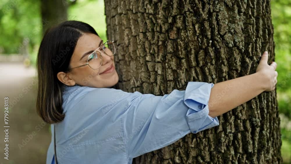 Young beautiful hispanic woman hugging tree at the park in Vienna Young beautiful hispanic woman hugging tree at the park in Vienna