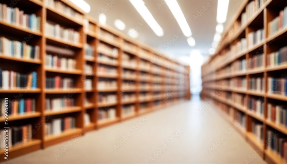 Abstract blurred public library interior space. blurry room with bookshelves by defocused effect. business or education concepts created with generative ai