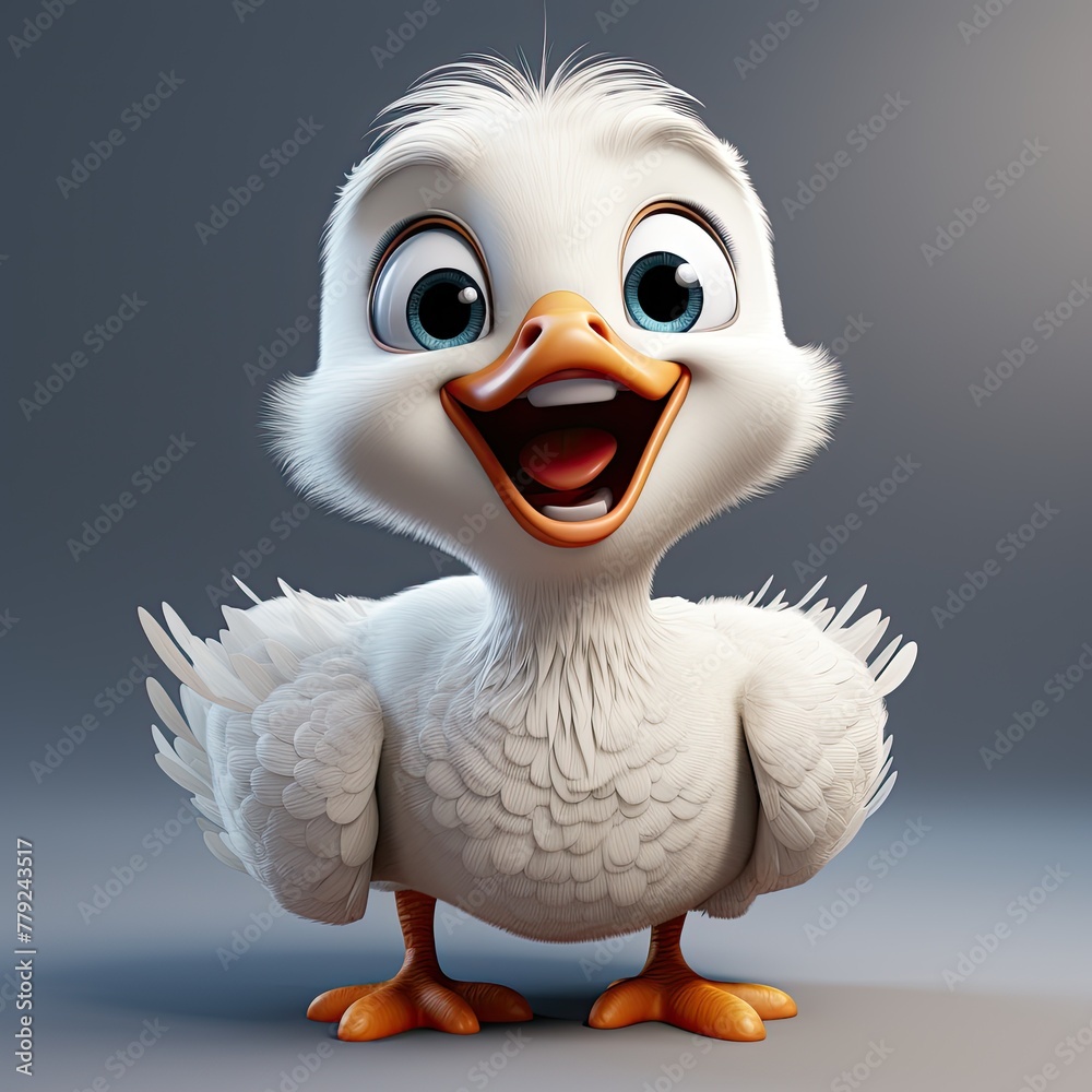 3D illustration of a bird character from the cartoon 3D duck or 3D goose for children. Cute white goose or duck print for clothing, stationery, books. Kind funny toy white goose, white duck.