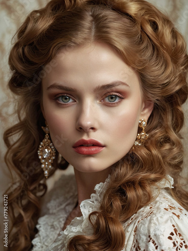 Radiant Beauty: Portrait of a Woman with Lustrous Hair and Vibrant Blue Eyes on Beige Backdrop