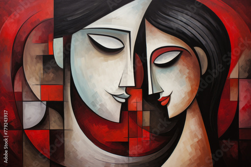 Couple in an abstract cubist or cubism style painting. Love or relationship concept
