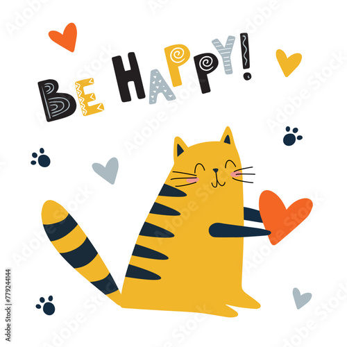 Be happy. Funny and cute red cat with text vector. Cartoon cats characters design collection with flat color in different poses. Set of funny pet animals on white background. © Наталья Пшеничная