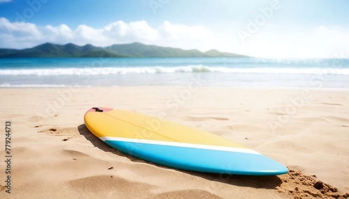 Surfboard on sand tropical beach, summer vacation background and water sport concept created with generative ai