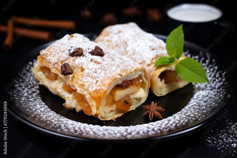 Apple strudel with icing sugar and raisins on black plate, black background Apple strudel with icing sugar and raisins on black plate, black background