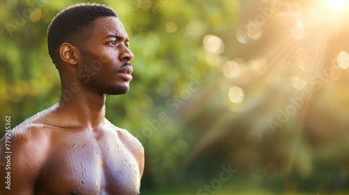 A sun-kissed African man contemplates during the golden hour, embodying a moment of peace and reflection amidst nature.