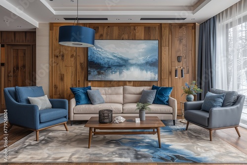 An elegantly designed modern living room featuring stylish blue chairs  a plush sofa  and an abstract art piece that adds a touch of sophistication