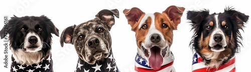 Patriotic 3D dogs wearing stars and stripes bandanas for July 4th, on white