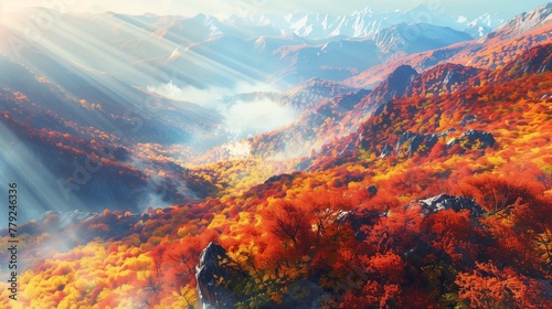 Breathtaking Panorama of Autumn Splendor:  a vast mountain landscape cloaked in the vibrant hues of fall © SardarMuhammad