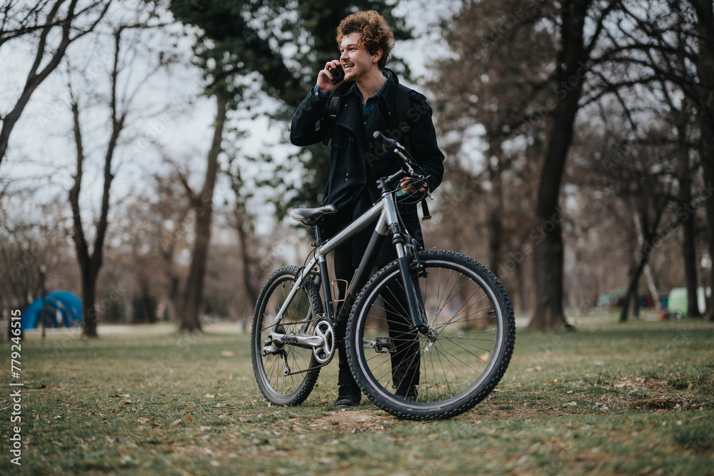 Fototapeta premium Outdoor portrait of a smiling young man talking on the phone while standing with his bicycle in a park setting.