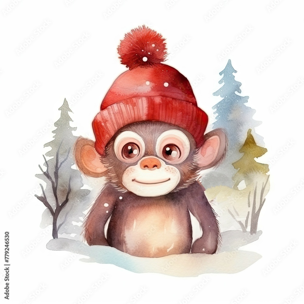 cute baby monkey wearing a christmas red hat. Christmas forest with cold Christmas Eve. watercolor clipart white background. Symbol of the year of the monkey 2028, Chinese calendar lunar new year