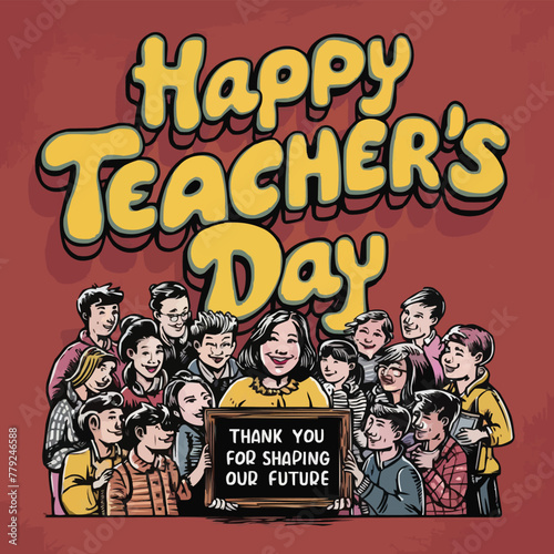 Happy teachers day colorful retro typography with vector illustration customized art