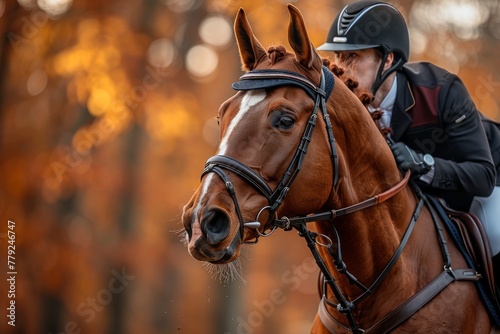 An equestrian rider in formal attire competes on a beautifully groomed bay horse against a warm autumn backdrop © Larisa AI