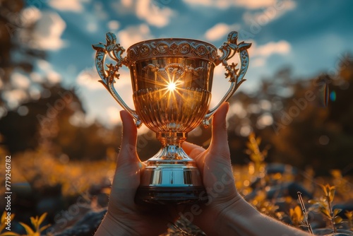 A victorious moment is frozen as a golden trophy cup is held high against the backdrop of a sunset sky