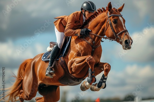An equestrian, dressed in professional gear, is captured mid-air while jumping over an obstacle on a powerful brown horse during a competitive event