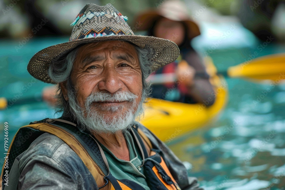 Senior man with a distinctive hat smiles on a boat, ready for an adventure Senior man with a distinctive hat smiles on a boat, ready for an adventure