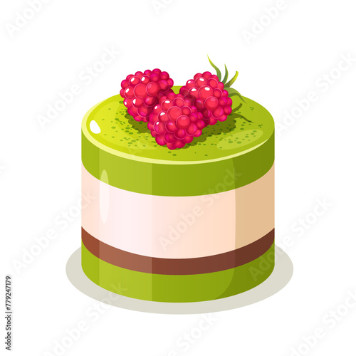 Slice of matcha dessert panna cotta with fresh raspberry isolated on a white background.	
