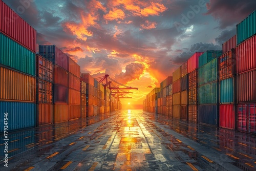 Rows of vividly colored shipping containers at a terminal with the sun setting in the background