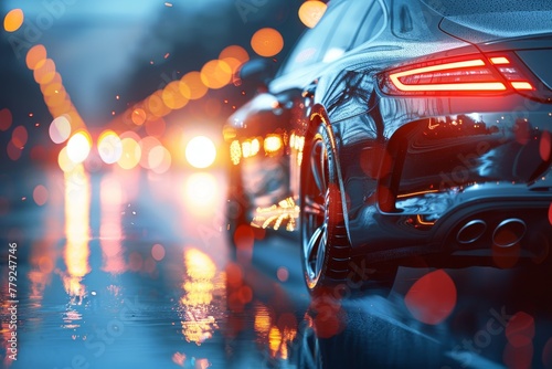 The image depicts a high-performance car on a vibrant, rainy night with reflections and city lights adding to the atmospheric mood © Larisa AI
