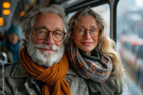 A cheerful elderly couple sitting close together on a bus, portraying happiness and togetherness in their later years
