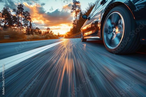 Intense photo of a car's wheel with high-speed motion blur on a sunset road