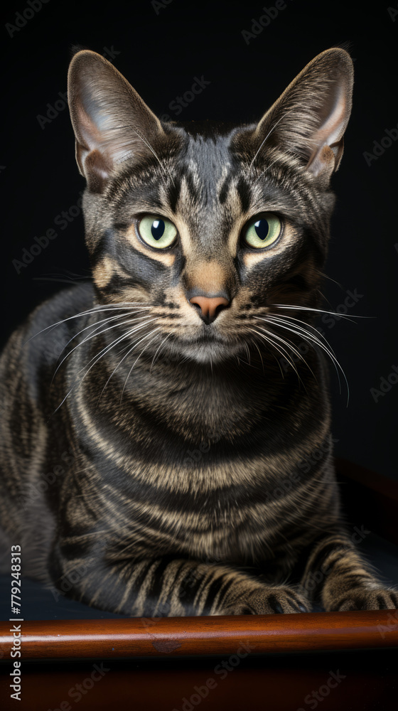 Striped Domestic Cat on Dark Background

