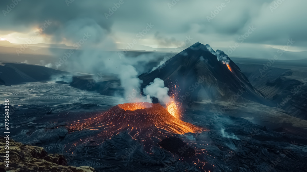 Dramatic volcanic eruption, view of volcano eruption from above