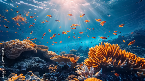 Group of colorful fishes and marine animals with colorful corals underwater in the ocean.  © Loucine