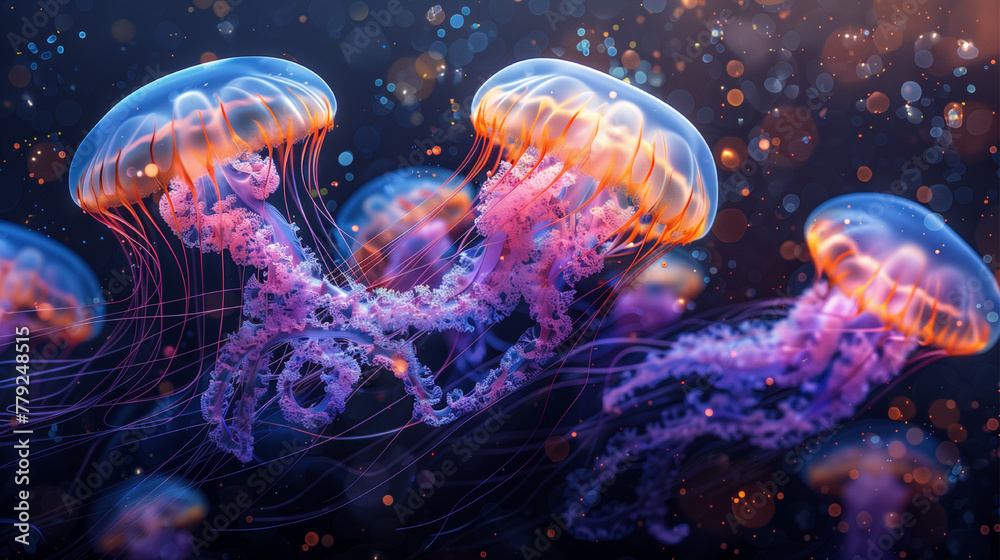 Colorful jellyfish underwater.