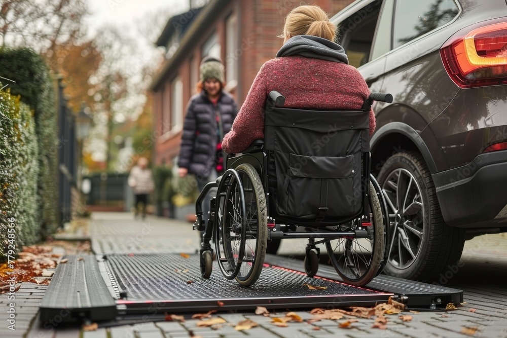 Obraz premium A woman in a wheelchair is seen from behind, using a ramp to enter a modern vehicle, implying accessibility