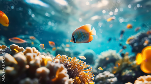 Colorful fish and marine animals with colorful corals underwater in the ocean.  © Loucine
