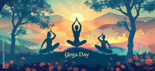 International Yoga Day poster, illustration of a woman doing yoga exercise and pose, Yoga day celebration photo