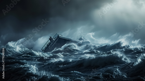 Rough sea photo with sinking boat , dramatic windy sea photo