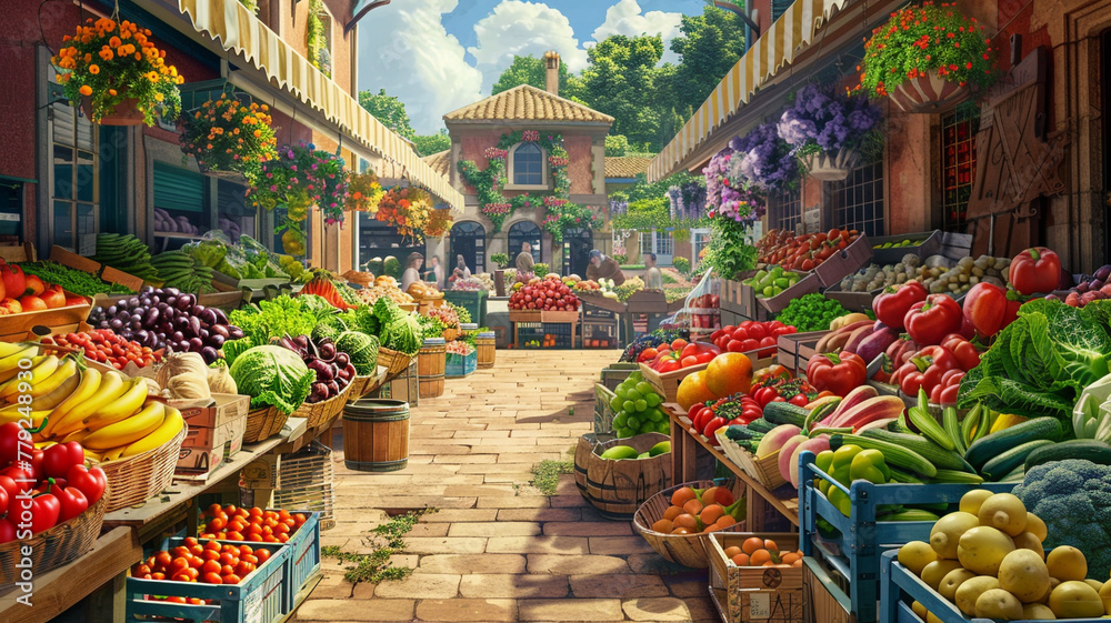 A colorful farmers market with stalls brimming with fresh produce. - obrazy, fototapety, plakaty 