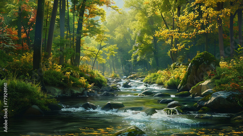 A serene river winding through a lush forest with vibrant foliage.