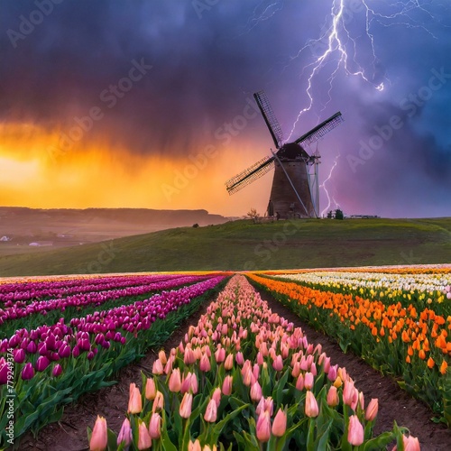 windmill and tulips photo