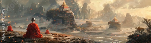 A mountain temple where monks meditate with electric donuts