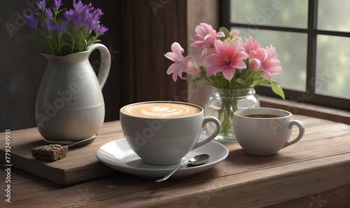 A cup of hot brewed coffee with cream on the table, a vase with flowers in the background
