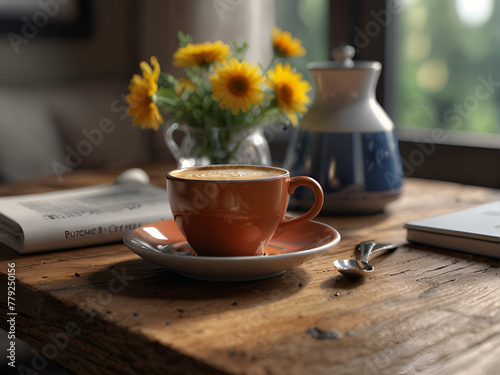A cup of hot brewed coffee with cream on the table, a vase with flowers in the background © A_A88