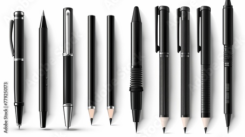 Vector illustration of a set of black pens and pencils isolated on white