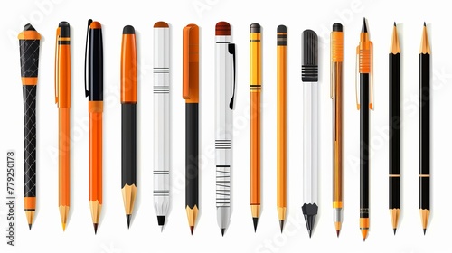Set of pens and pencils, tools for writing and drawing, isolated on white. Vector illustration.