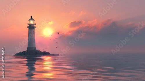 A peaceful seaside lighthouse standing tall against a dramatic sunset sky.