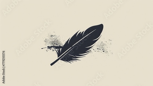 Isolated on a white background, the vintage Feather quill pen logo features a black ink stroke, scratch icon, and classic stationery illustration. photo