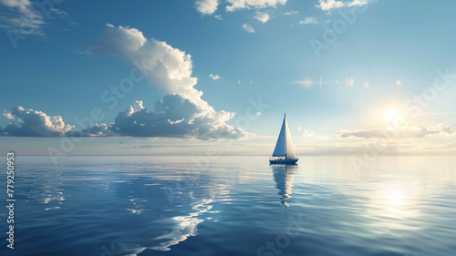 A lone sailboat sailing peacefully on calm waters beneath the expansive sunny sky.