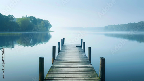 A peaceful lakeside dock extending into calm waters, reflecting the clear sky.