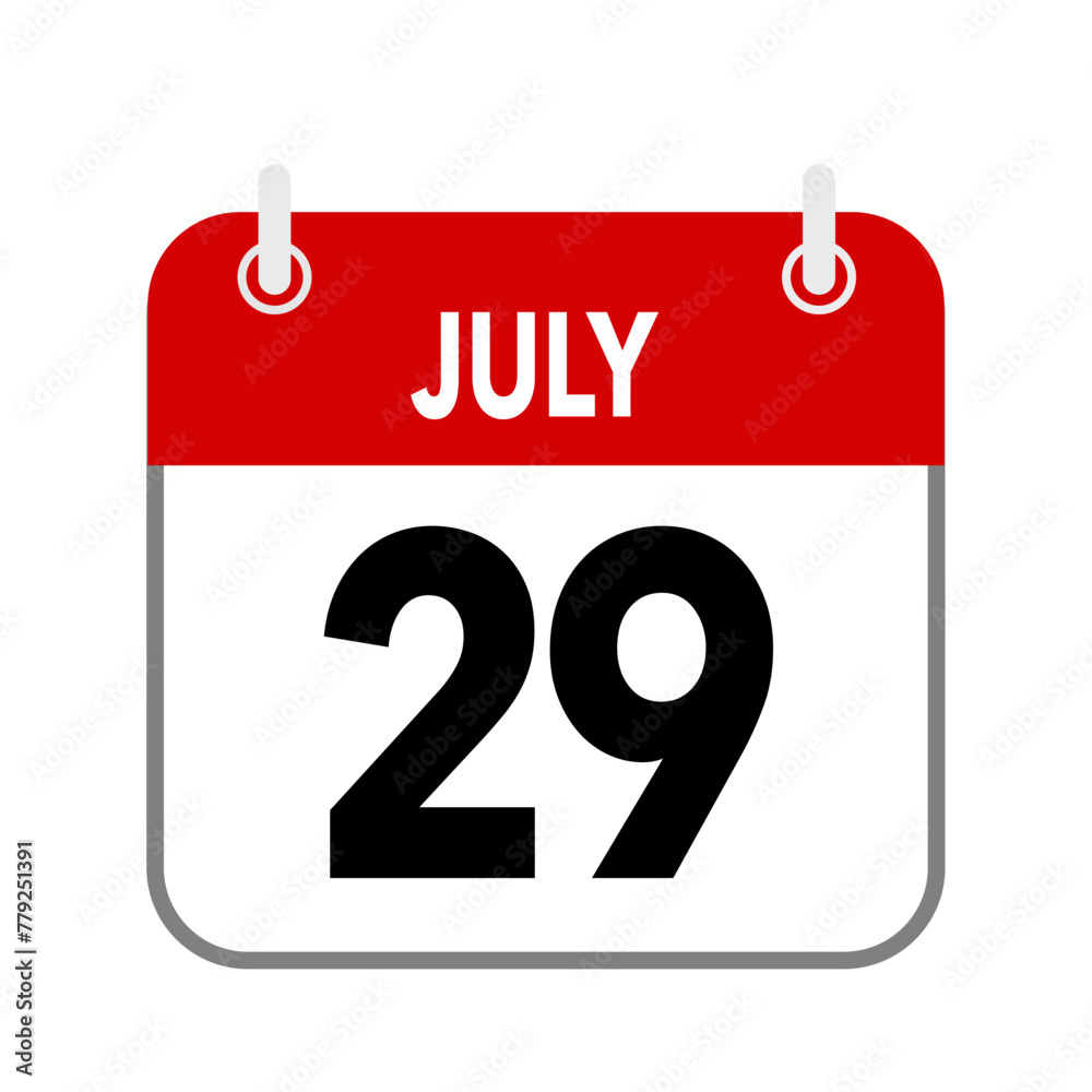 29 July, calendar date icon on white background