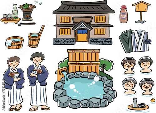 温泉旅行のゆるい手描き風イラストセット　
