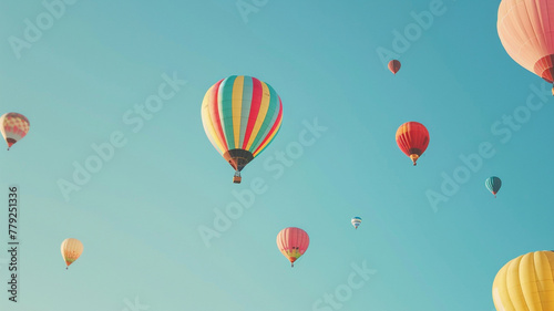 A cluster of colorful hot air balloons floating in a cloudless sky.