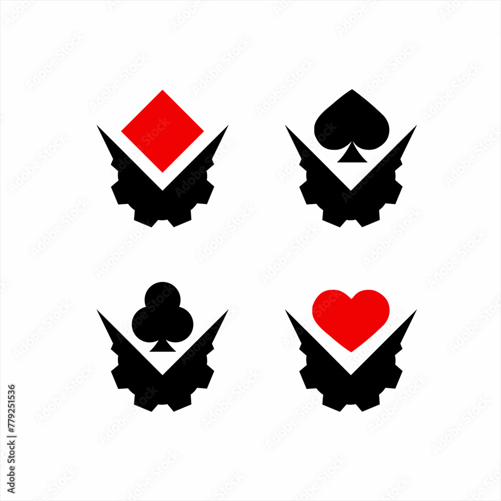 Letter V concept gear logo design with red and black poker card symbols. Letter V concept gear logo design with red and black poker card symbols.